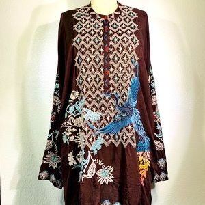 Johnny Was Phoenix Henley Blouse Dark Cocoa Size L NWT